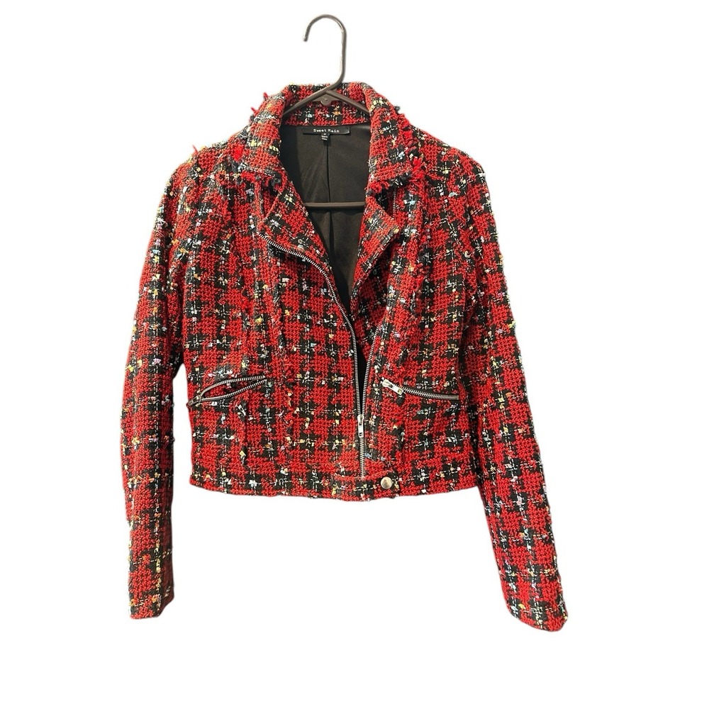 Sweet Rain Jacket  Women's Size Medium Waist Length Zip‎ Up Red Collared EUC